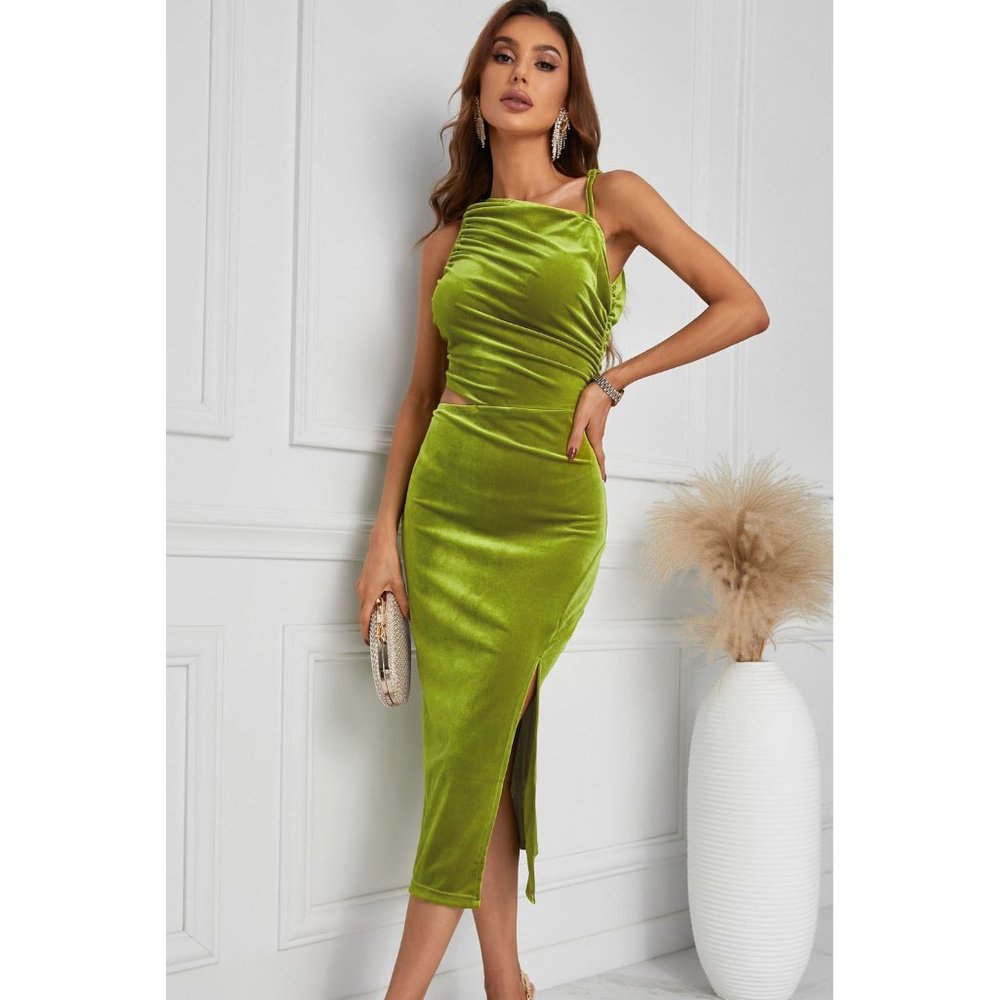 LIMITED TIME AVAILABLE! Cutout One-Shoulder Velvet Midi Dress
